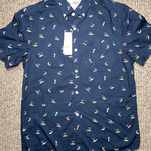 Penguin Men's Small All Over Surfer Graphic Print Short Sleeve Button Down Shirt - Picture 2 of 10